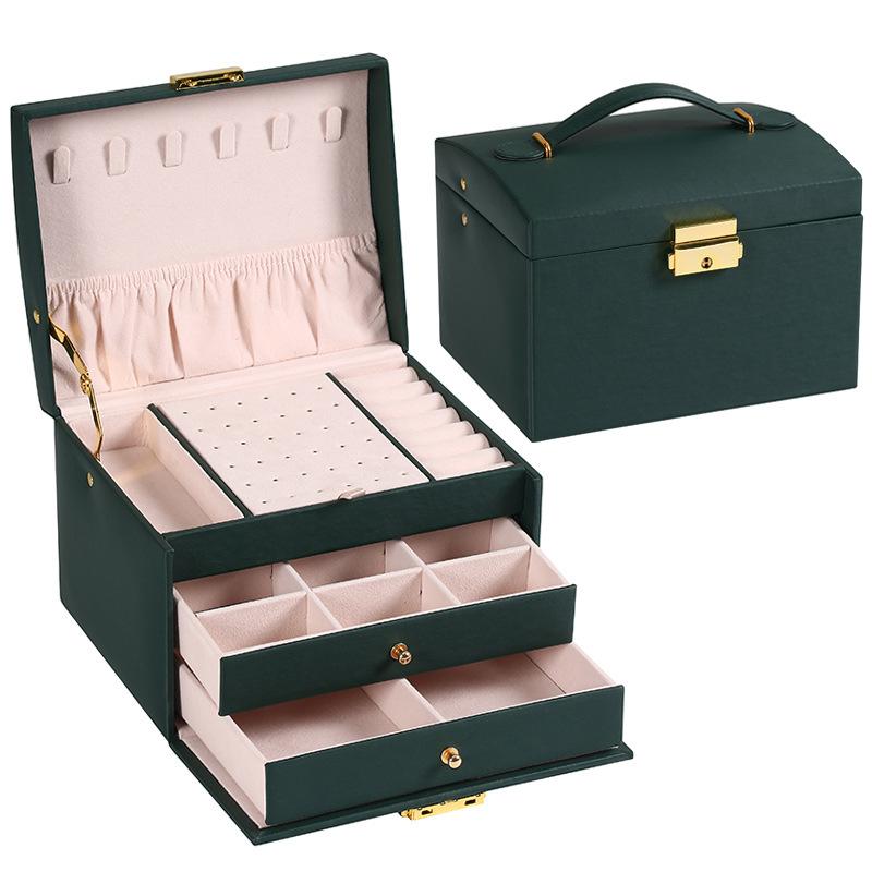 Simple Three-layer Leather Drawer Jewelry Box, Earrings, Jewelry Storage Box, Earrings, Earrings, and Locked Jewelry Box.