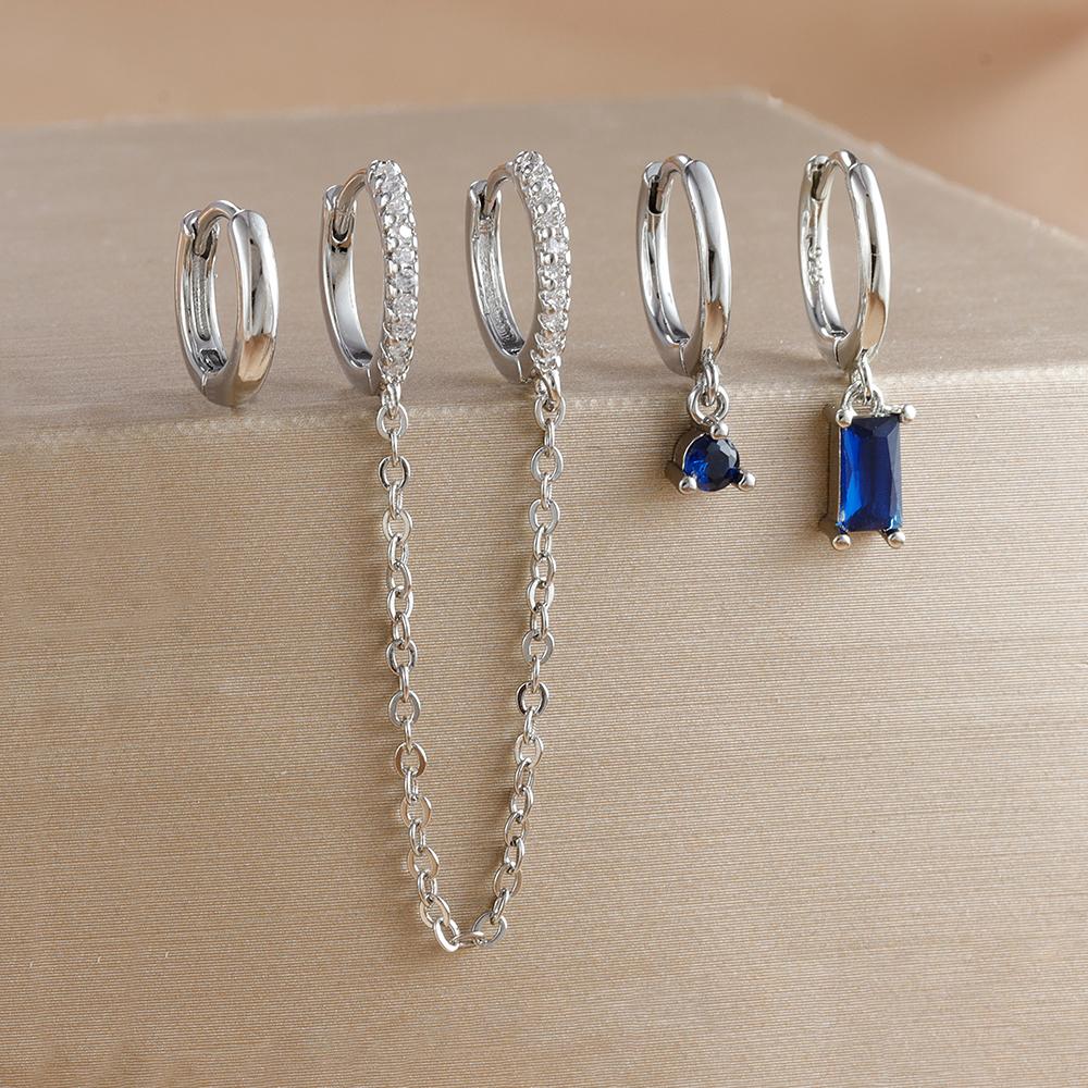 4pcs Fashion Colorful Zirconia Chain Square Earrings Set for Women Two Hole Round Circle Gold Color Hoop Earring Wedding Jewelry