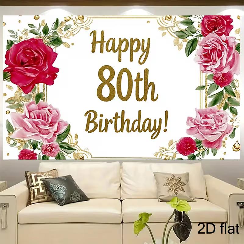 2D Watercolor Pink Rose 80th Birthday Backdrop for Milestone Party Photo Booth Decor
