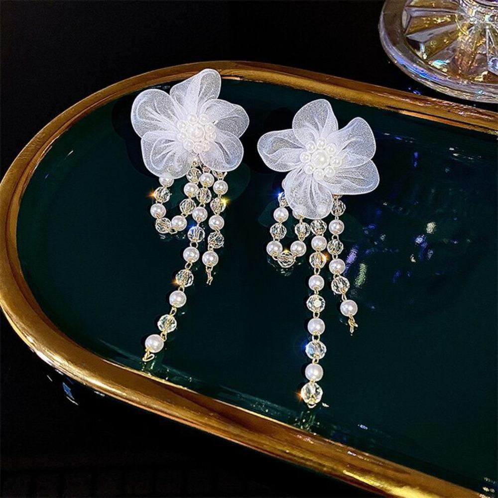 Romantic Temperament Pearl White Chiffon Flowers Long Beaded Tassels Chain Dangle Earrings for Women Bride Wedding Jewelry Gifts