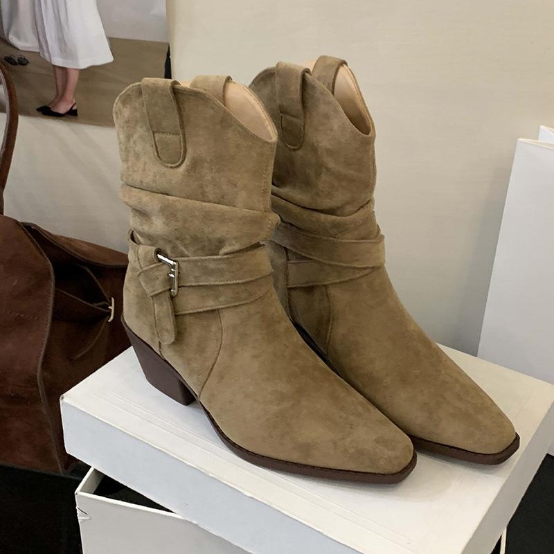 

Cowhide Edition~ Short Boots Coarse Heel Frosted Western Boots Autumn and Winter High Heel Pile Boots Retro Versatile Folded Knight Boots 35