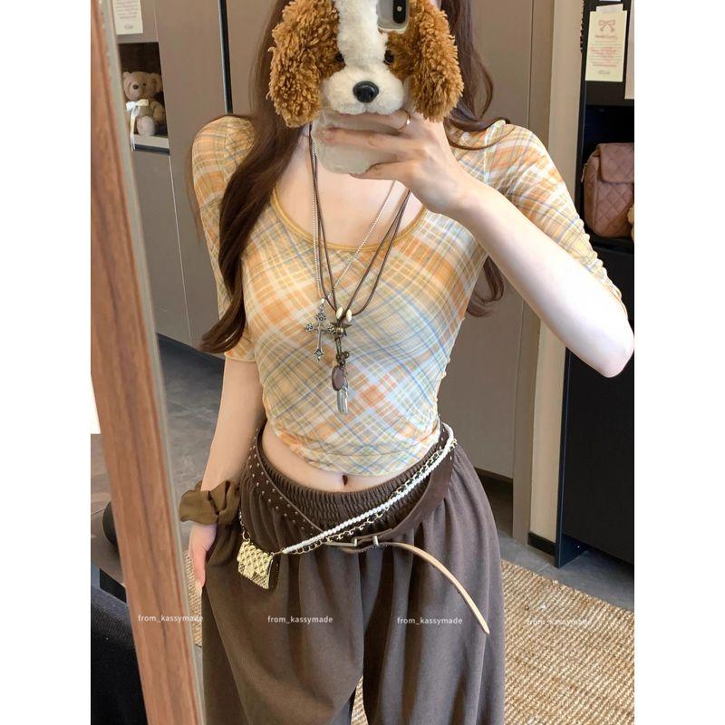 Sexy Contrast Color Check U-Neck Long-Sleeved T-shirt Women's Autumn Not To Tight Waist Silm Bottoming Shirt Short Inner Wear Small Top