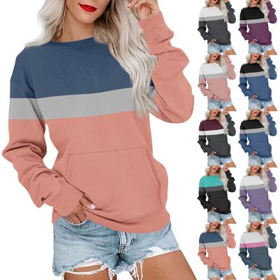 Women's Fashion Casual Long Sleeve Round Neck Jump Color Pullover Top Blouse