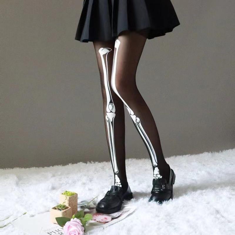 Women's Stockings Sexy Thin Black Thin Leggings Halloween Skeleton Silk Tights  Skull Print Pantyhose Cosplay Party