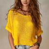 New Women's Boho Crochet Knit Solid Short Sleeve Sweater, Casual Summer Knit Top for Women European American Style