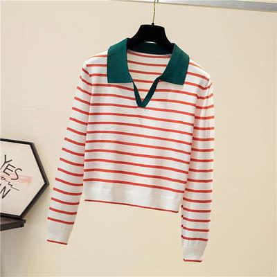 Polo Cuello Suéter Rayado Top de Punto Mujer Otoño Invierno Solapa Cuello en V Crop Capa Base