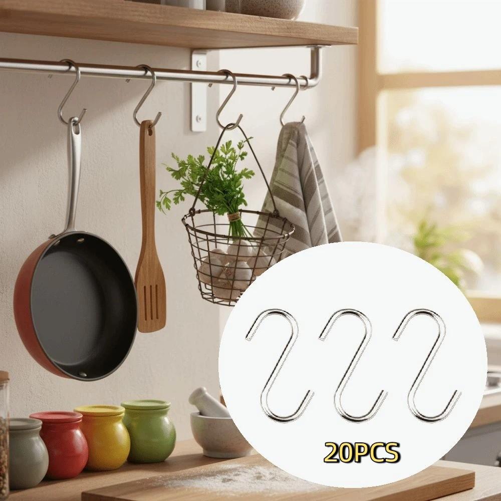 20PCS Multi-Use S Shaped Hooks Smooth Surface Sturdy Hanging Hooks Space Saving Heavy Duty Stainless Steel Hangers Bathroom