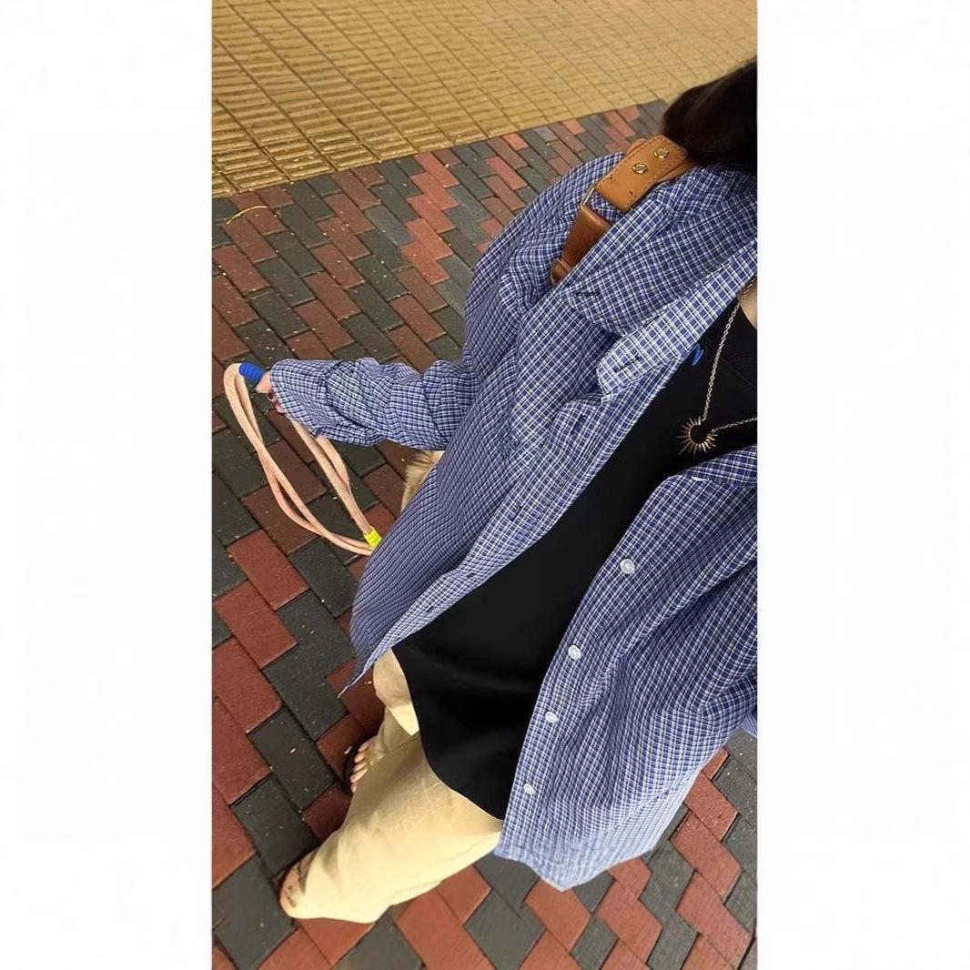 

Women s Blue Plaid Shirt Jacket with Pockets - New College Style for Early Autumn, Perfect for Loose Layering. XXL синій