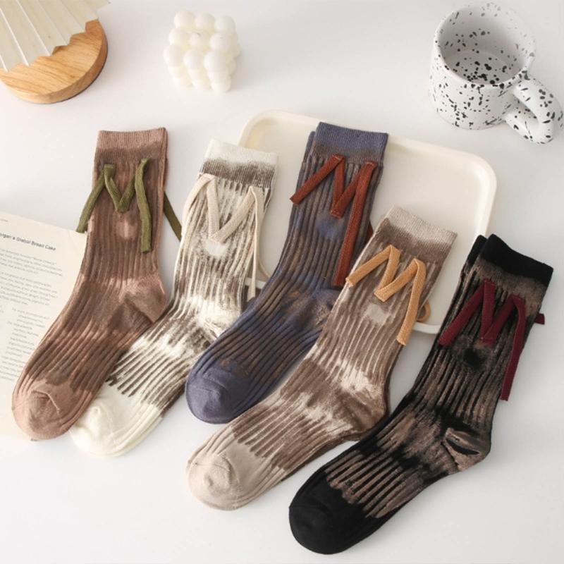 Japanese Women Y2K Graffiti Tie Dye Cotton Crew Socks Harajuku M Letter Ribbed Knit Skateboard Middle Tube Calf Socks