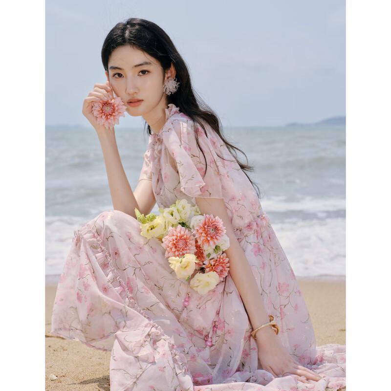 Qiu Shui Yi Ren Sweet Floral V-Neck Chiffon Dress S