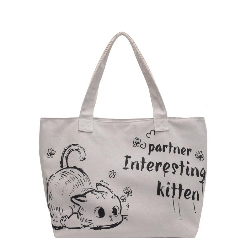 Cartoon Letter Cat Canvas Bag Women's 2025 Autumn and Winter New Large-capacity Shoulder Bag Versatile Tote Bag