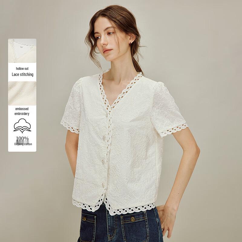INMAN French Embroidered V-Neck Short Sleeve Shirt S