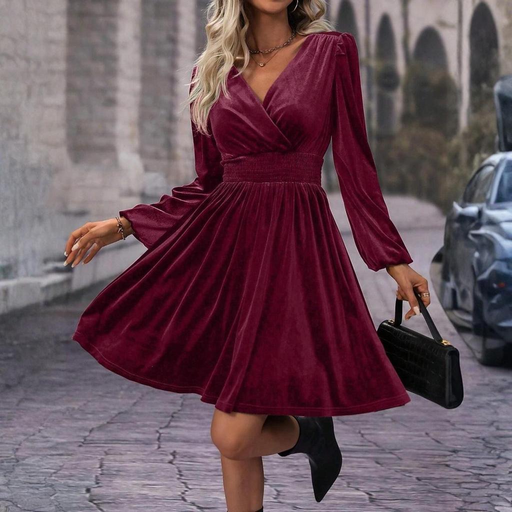 Women's Fashionable Solid Color Long Sleeved V Neck Pullover Casual Dress