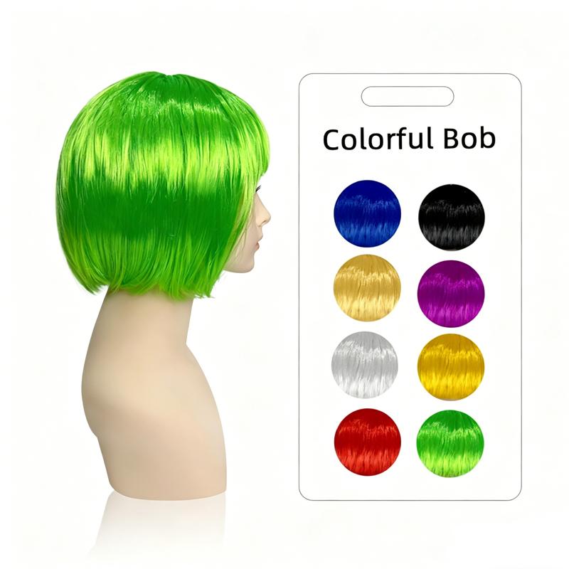 Colored Bob Synthetic Hair Wigs with Bangs for Women Halloween Costume Cosplay Party Use Black Green Purple Pink Blonde