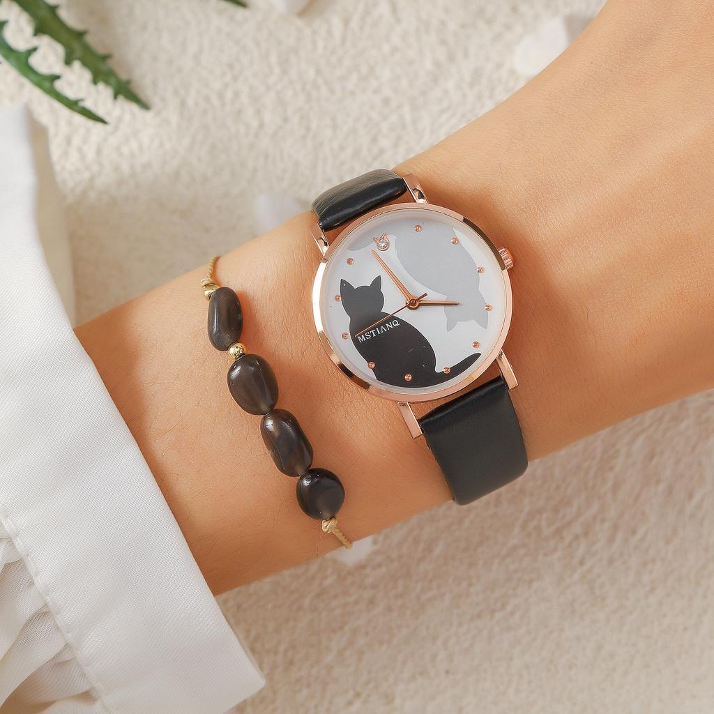 No Gift Box, Popular Elegant Temperament Women's Fashion Cat Watch Wristwatch   Jade Stone Bracelet 2-piece Set
