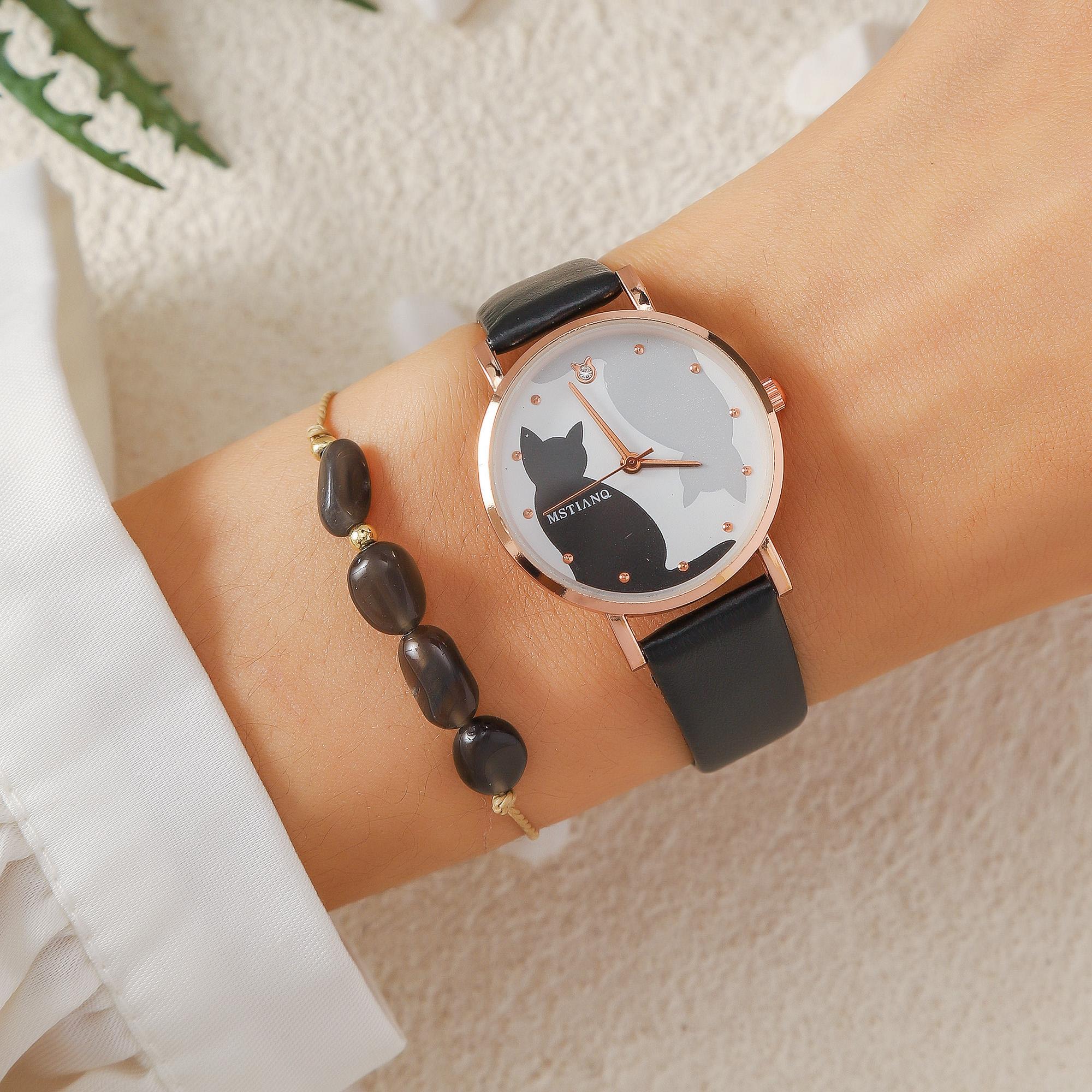 

Без подарочной коробки, популярные элегантные темпераментные женские модные часы с котом, наручные часы, браслет из нефритового камня, набор из 2 предметов чёрный