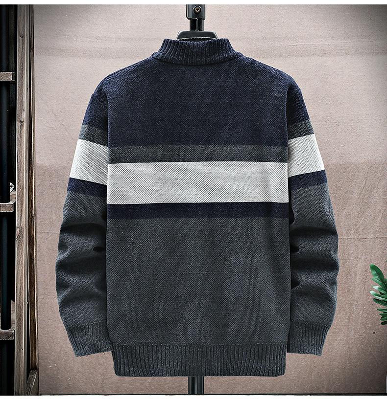 Men's Striped Zippered Cardigan Sweater - Thick Warm Color-Blocked Knitwear for Casual Fall Winter Wear