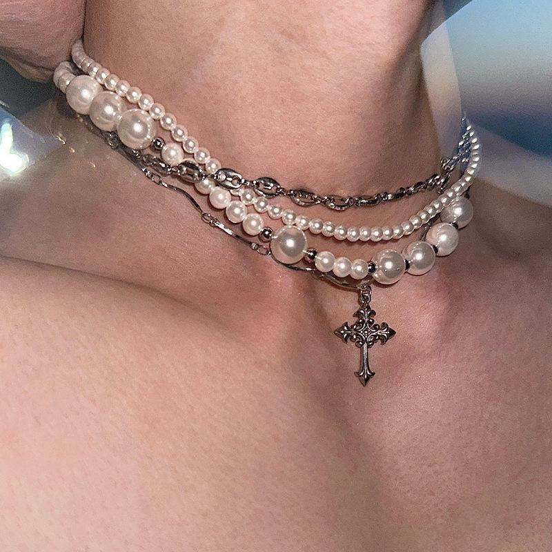 Multi Layer Cross Pearl Choker Clavicle Necklace For Women Fashion Jewelry