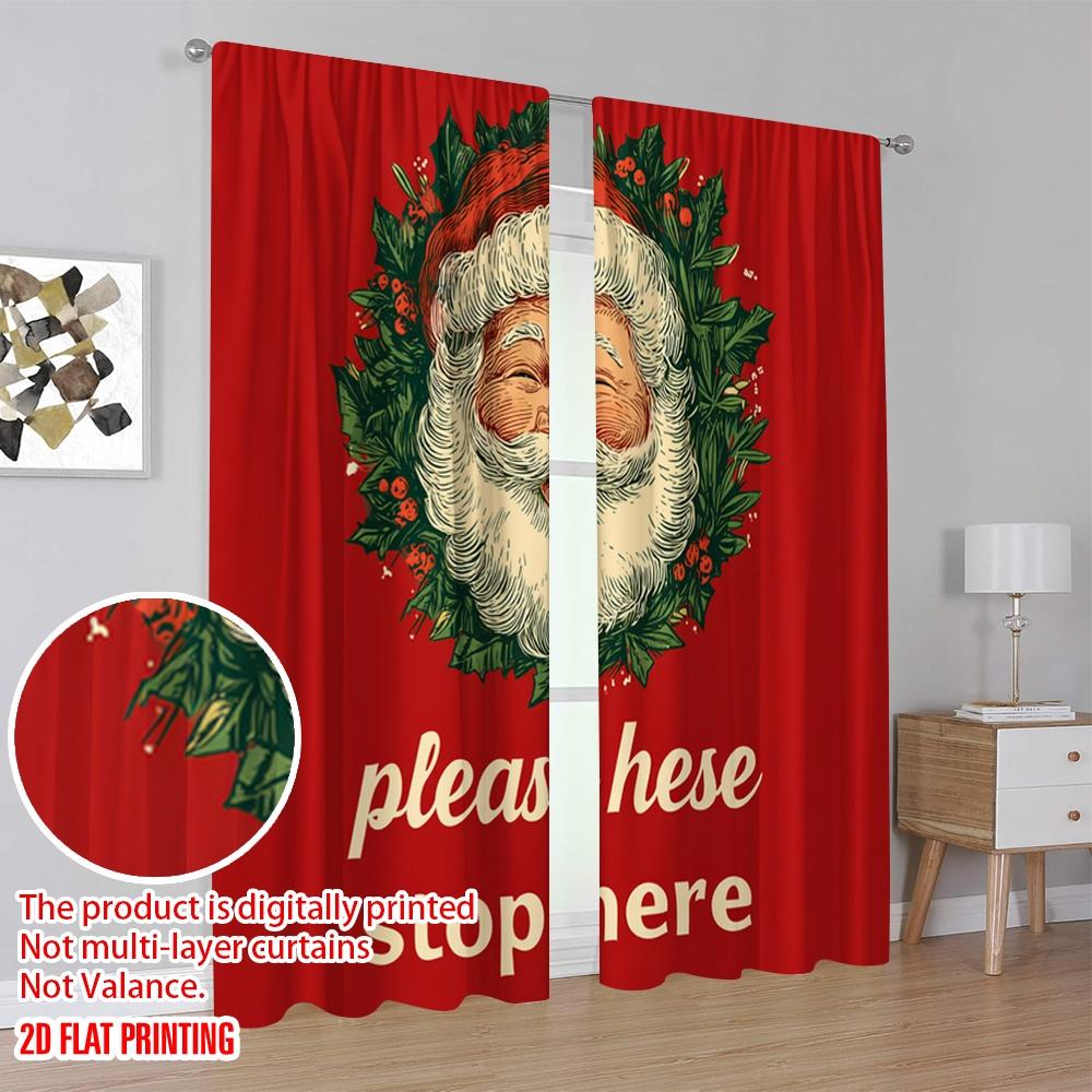 2pcs,2D Plane Printing Curtains Santa Please Stop Here Versatile Fabric (without Rod) Holiday Use for Bedroom, Living Room