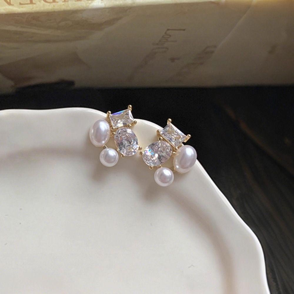 Square Shape Light Luxury Earrings Zircon Pearl High-End Earrings  Women Jewelry