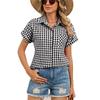 Camicia a maniche corte a quadri con taschino e colletto da donna alla moda, Camicia da donna con bottoni