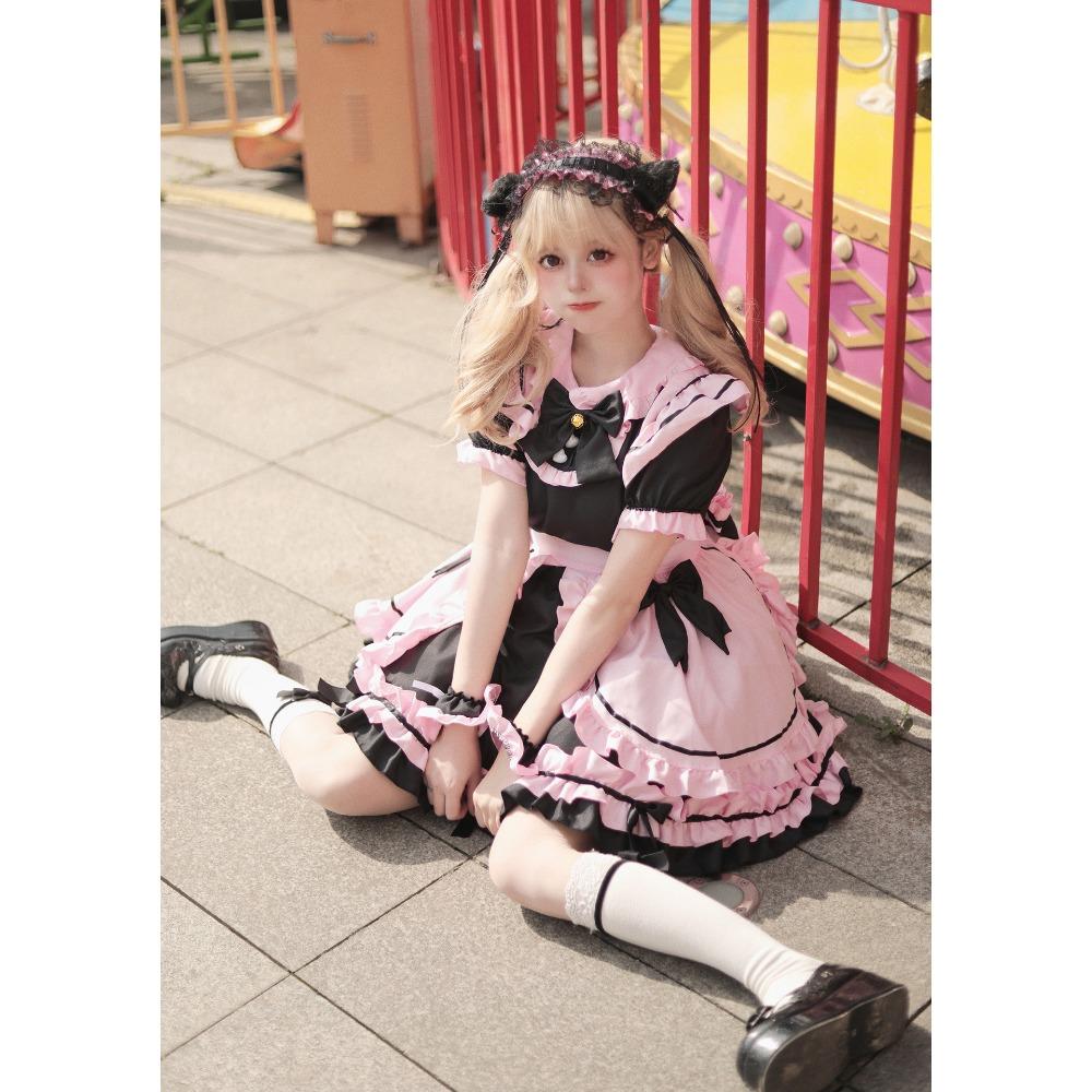 New Black Pink Maid Costume Cos Sweet Girl Cute Cat Bow Soft Girl Suit Skirt