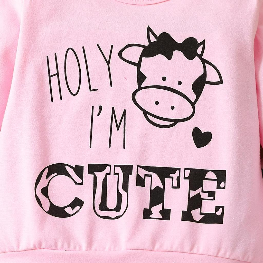 Little Girl 2PCS Set 1-8 Years Old Pink Sweatshirt and Cow Print Long Pants Kids Casual Daily Wear or Pajamas Set