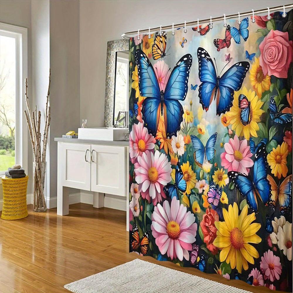 Enchanting Butterfly Garden Shower Curtain - Waterproof, Vibrant Flower Butterfly Design, Creating A Magical Atmosphere