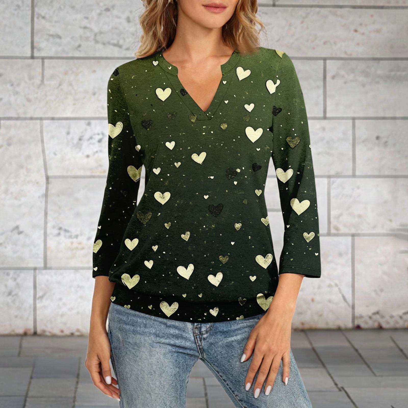 

Женский топ с рукавом 3/4 и присборенным подолом, V-образным вырезом, летняя повседневная футболка, топ с принтом ко Дню святого Валентина L