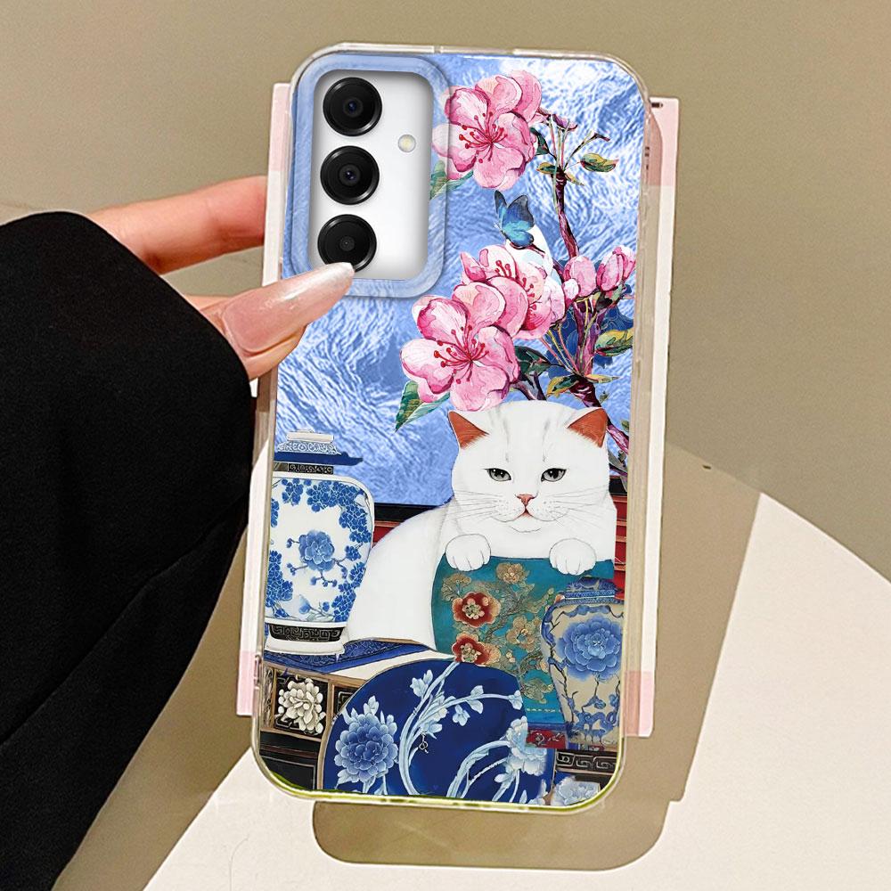 Retro Lucky Cute Cat Flower Phone Case for Samsung Galaxy A55 A07 A17 A56 A36 A26 A16 A53 A06 A14 A24 A34 A54 A15 A12 A22 Cover