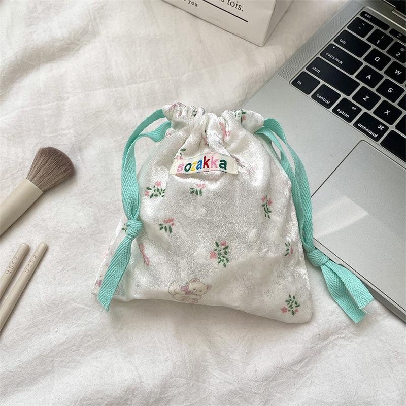 Cartoon Floral Bear Drawstring Storage Bag Women Jewelry Lipstick Makeup Bag Coin Purse Multifunctional Travel Packaging Bag