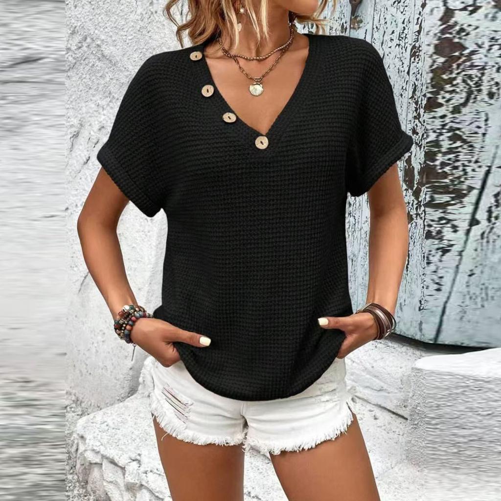 Women's Fashion V-Neck Button Short Sleeve Solid Colour Casual T-Shirt Top