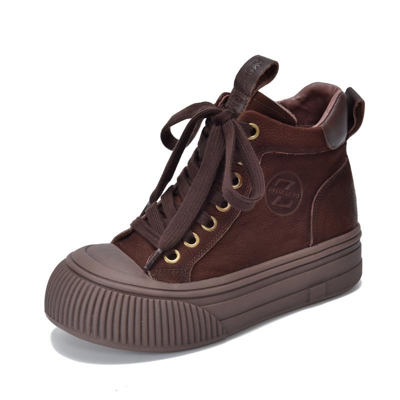 Johnature Versatile Plush Warm Short Boots Genuine Leather Round Toe Casual Women's Flat Platform Shoes