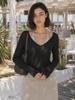 LEIE Lia See-Through V-Neck Long Sleeve Top_Black