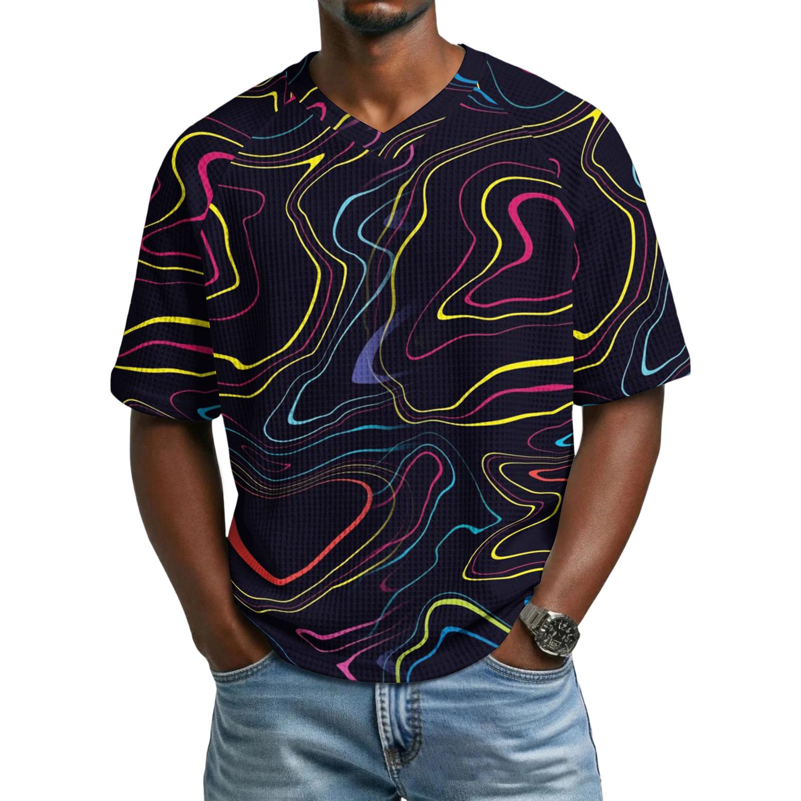 

Men s casual fashionable colorful splatter pattern printed shirt - Men s breathable V-neck short-sleeved shirt L чёрный