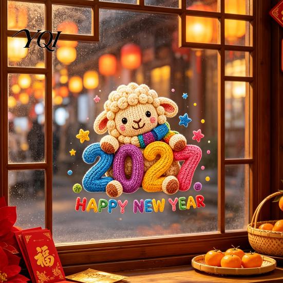Removable Holiday Stickers Chinese New Year Window Stickers, 2027 Goat Static Clings, Reusable Festival Atmosphere Decals Crochet Knit Lamb Decor for