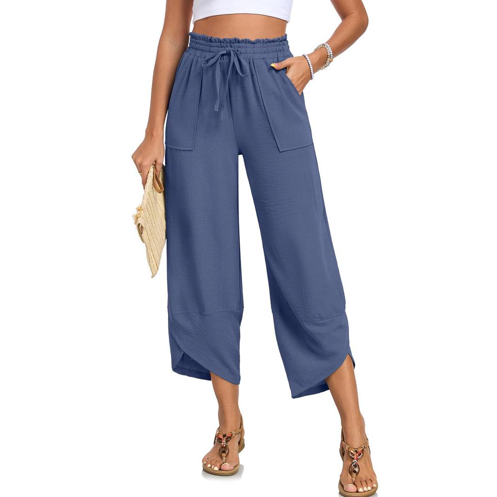 Damen Elastische Hose mit Hohem Bund Lässige Passform Weites Bein Lange Hose Hose mit Taschen
