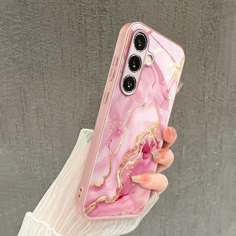 Pink gold-plated marble patterned glass phone case suitable for Samsung Galaxy S26 S25 S24 S22 S21 S20 FE/Ultra/Plus hard case