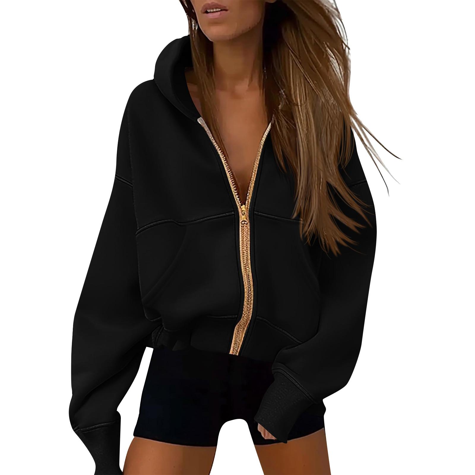 

Женские толстовки с капюшоном на молнии с длинным рукавом, осенние свободные толстовки, куртки с карманами, модная одежда, толстовки с капюшоном для женщин L чёрный