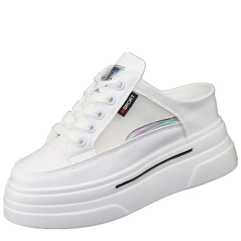 Fashion Mesh Breathable Slippers Women's 2024 Summer Outer Wear Thick Bottom Inner Heightened 8cm Slip-on Loafers Without Heel Sneakers