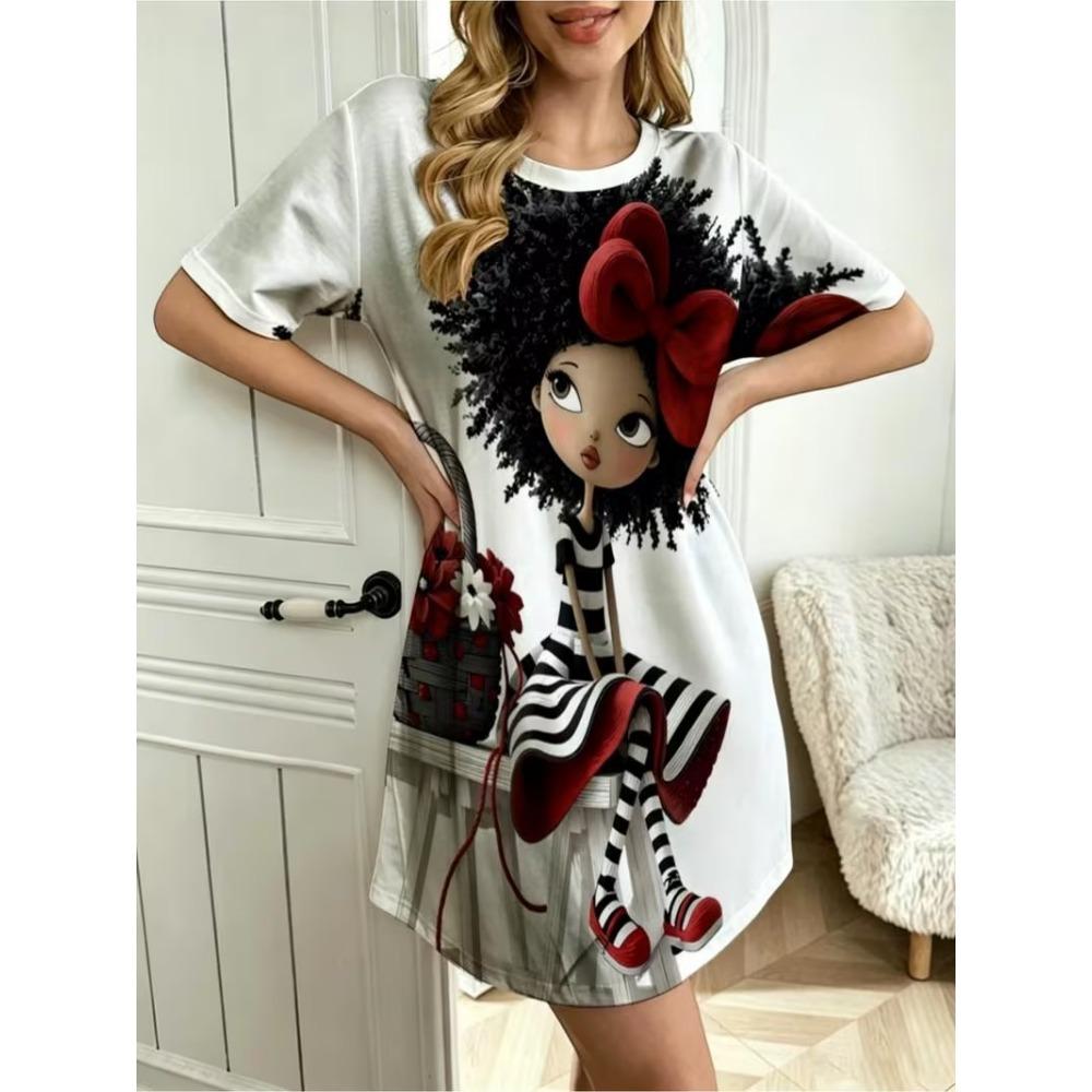 3D Fun and Cute Girl Print Dress, Women's Summer Round Neck Short Sleeved Mini Dress