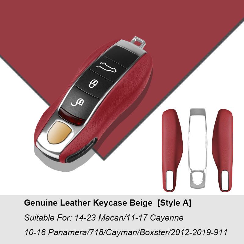 Luxury Genuine Leather For Porsche Boxster Cayman Panamera Cayenne Macan 718/911 Taycan Car Key Case Cover Protective Keychain