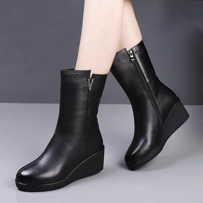 Bottes à Talon Compensé Moyennes Bottes en Cuir Souple Nouvelles Bottes Martin Bottes en Coton Bottes d'Hiver en Polaire pour la Neige
