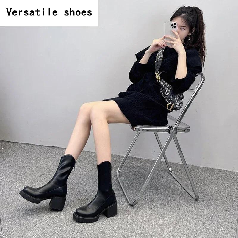 Thick High Heel Women Ankle Boots Fashion Back Zippers Slimming Short Booties Autumn Winter Female Shoes