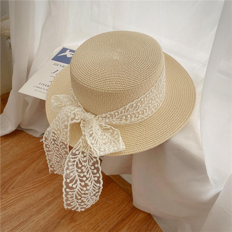 Flat Top Straw Hat Strapped Women's Summer Visor, Satin Versatile Straw Fashion Top Hat, Seaside Beach Hat