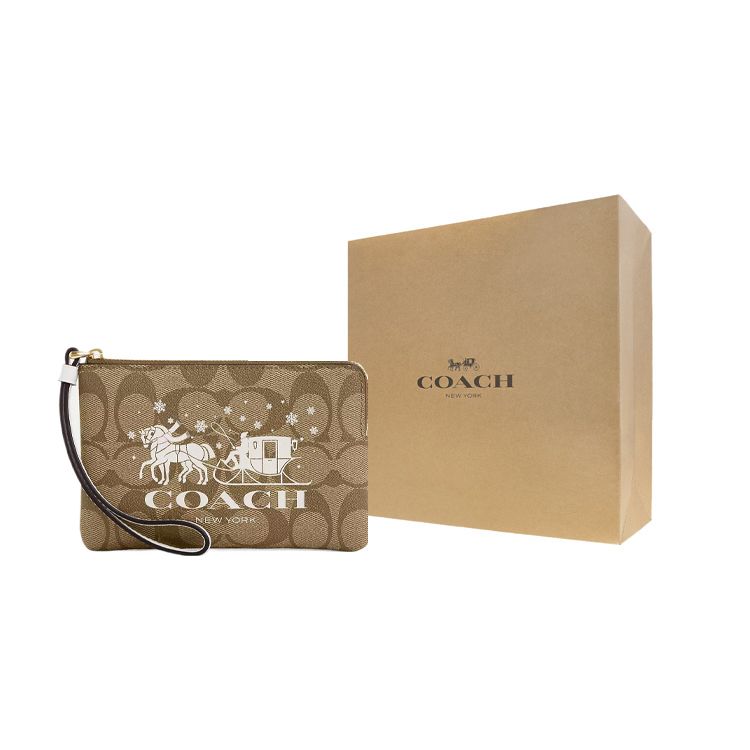 Coach Corner Zip Wristlet 16 Classic Monogram Print Coated Canvas And Smooth Leather Clutch Mini Women Clutch Gold Khaki Chalk CN755-IMDJ8