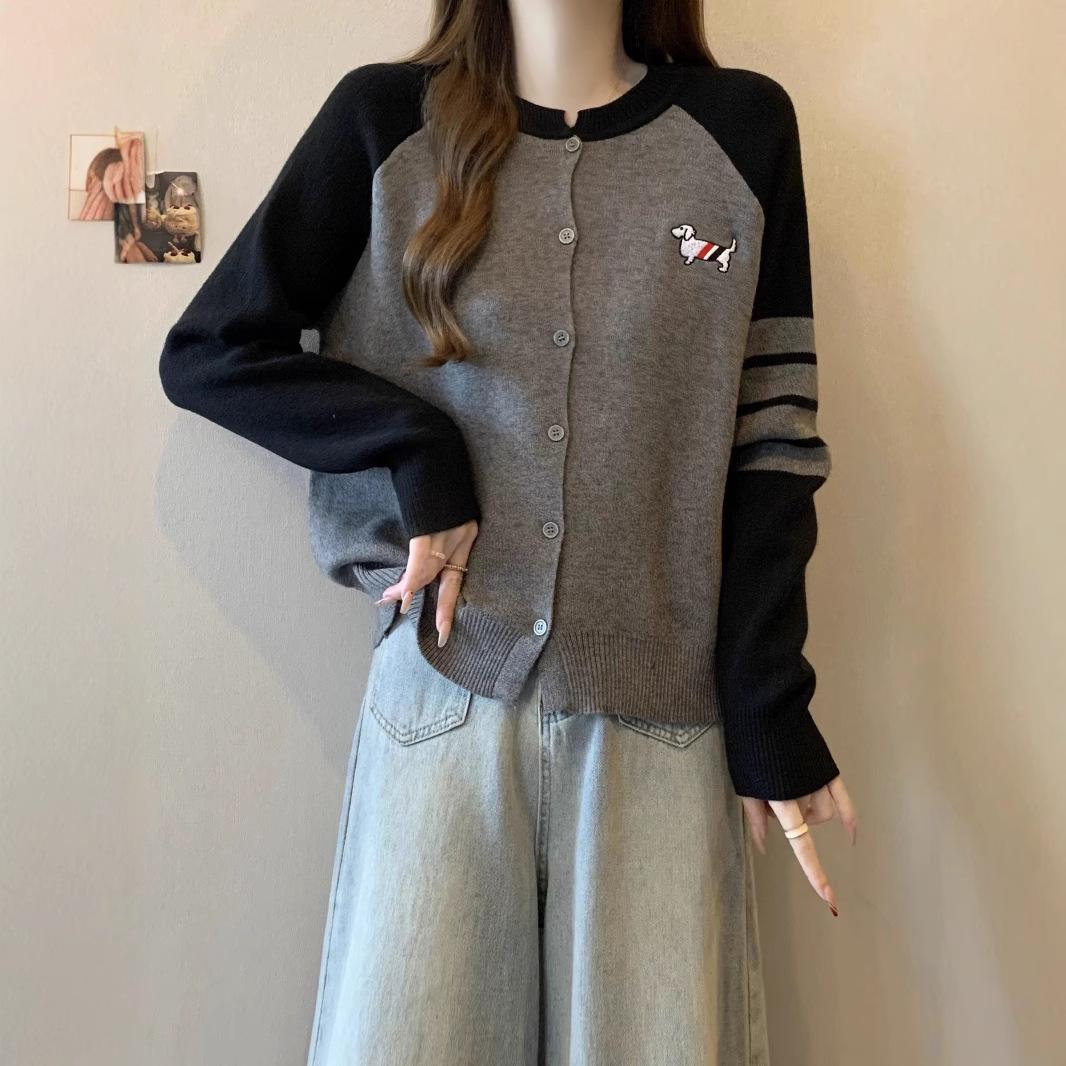 

Дизайн Цветовой блок Вышитый Собака Вязаный Кардиган Женский Весна Круглый вырез Патч Длинный рукав Пальто One Size серый
