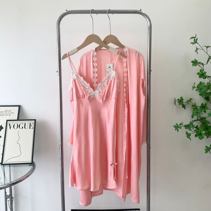 

Комплект из двух предметов Шелковая пижама Женская Летняя Сексуальная Мягкая Майка с Бретелями Ночная рубашка с Длинным Рукавом Весна и Осень Тонкий Халат Домашний Костюм Pink defects(One-piece robe, no hanging skirt) L