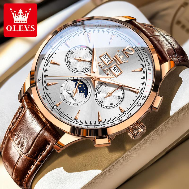 OLEVS Belt Perpetual Calendar Multi-function Moon Phase Mechanical Watch with Night Light for Men's Watch, Men's Timepiece