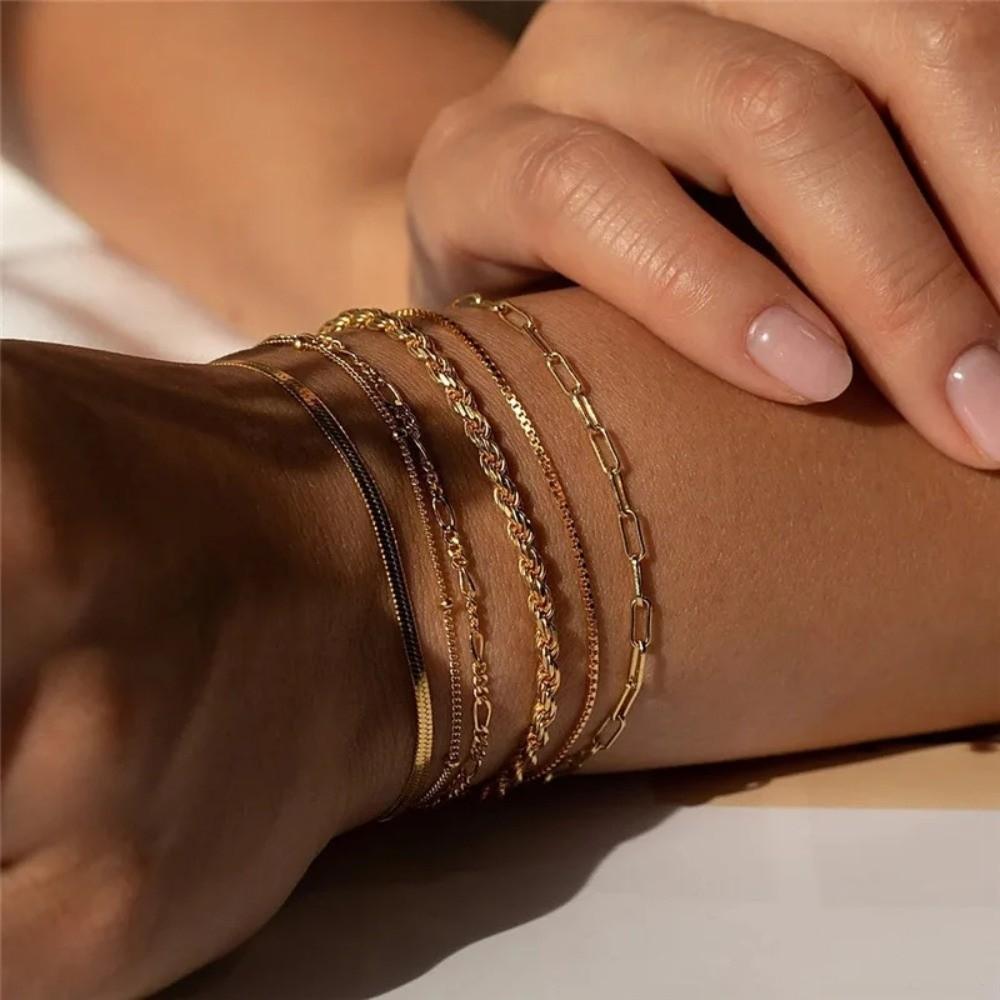 5/6Pcs Multi-layer Cuban Chain Bracelets Gold Color Metal Chain Bangles Chain Bracelet Set Jewelry